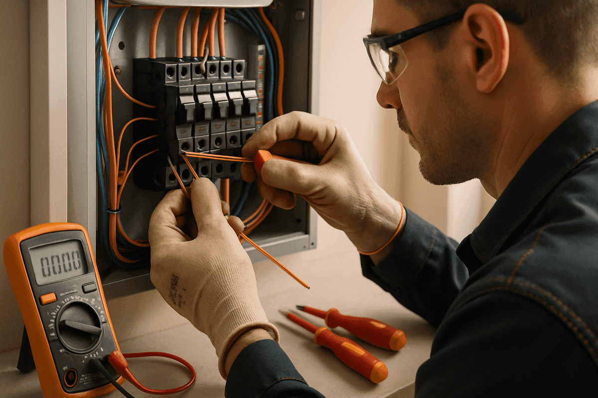 Close-up of electrician's gloved hands connecting copper wires inside residential circuit breaker panel